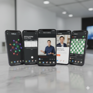 A clean arrangement of five modern smartphones on a marble surface, each displaying a different educational app interface for learning logic, game theory, chess, and mathematics.