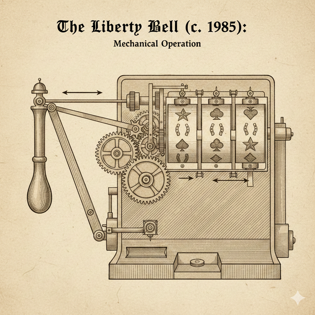 Diagram of a historical mechanical slot machine showing gears, reels, and a lever.