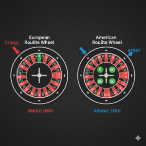 A comparison diagram showing the number sequences and the single zero on a European roulette wheel versus the double zero on an American roulette wheel.