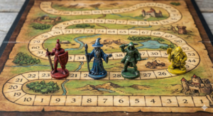 A close-up of the game's distinctive board, with colored markers advancing on numbered columns.