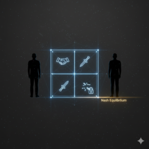 An artistic rendering of a glowing game theory payoff matrix suspended in darkness, with two silhouette figures facing apart. The matrix cells use icons like shaking hands and daggers to represent cooperation and betrayal.