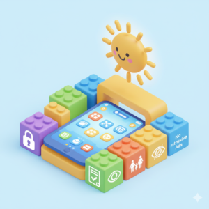 An isometric 3D render of a "Digital Safe Playground." In the center is a vibrant, fun game console or tablet. Around it, building blocks are stacked to form walls. On the blocks are etched icons representing safety concepts: a padlock (security), a document with a checkmark (privacy policy), a family silhouette (parental controls), and an eye with a slash (no ads). A cheerful sun shines above. The style is bright, vector-like 3D with soft textures, reminiscent of a modern educational app. The mood is positive, secure, and constructive.