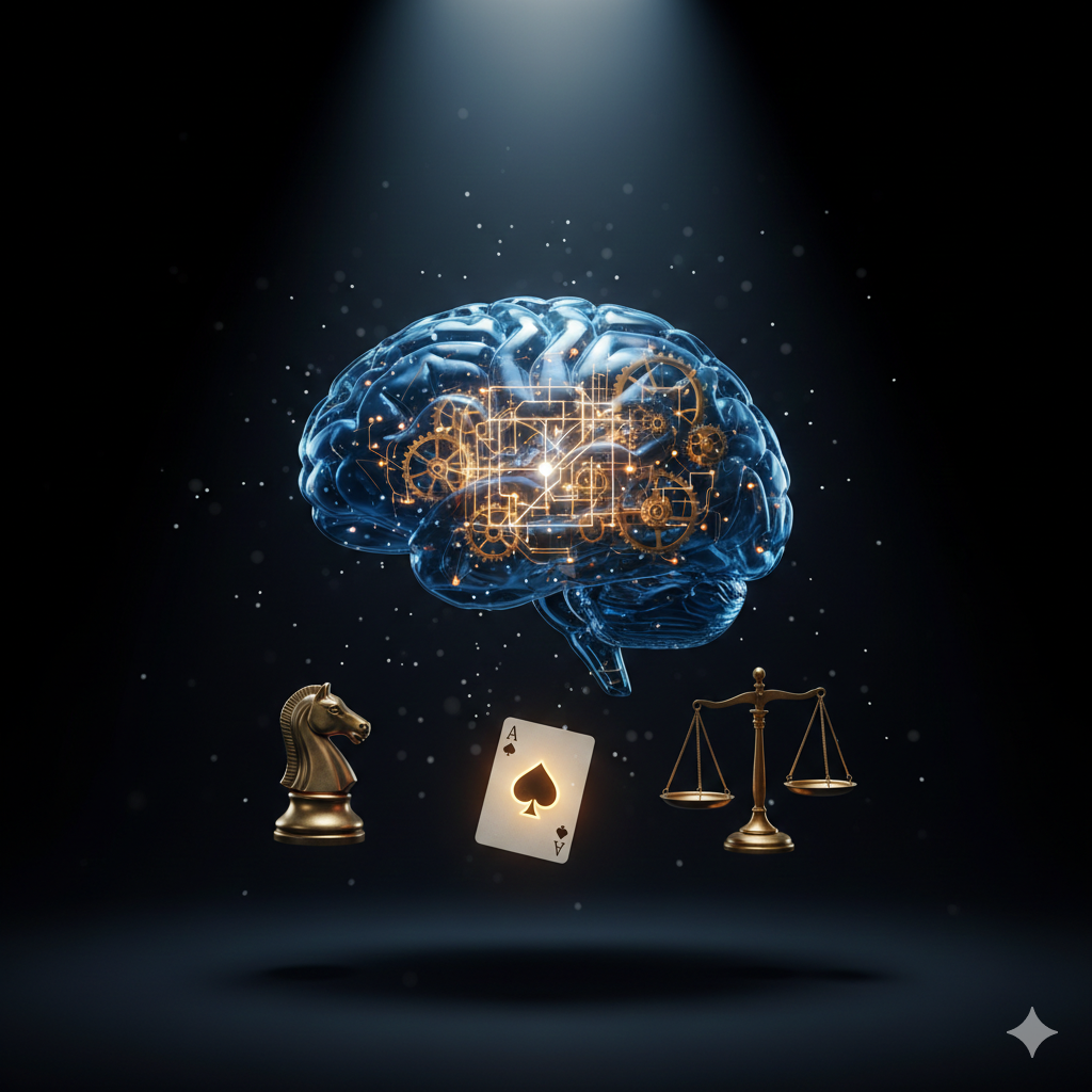 A translucent glass human brain with internal golden gears and circuits, intertwined with a glowing neural network map, symbolizing logic, strategy, and analytical thinking. Icons of a chess piece, playing card, and scales float nearby.