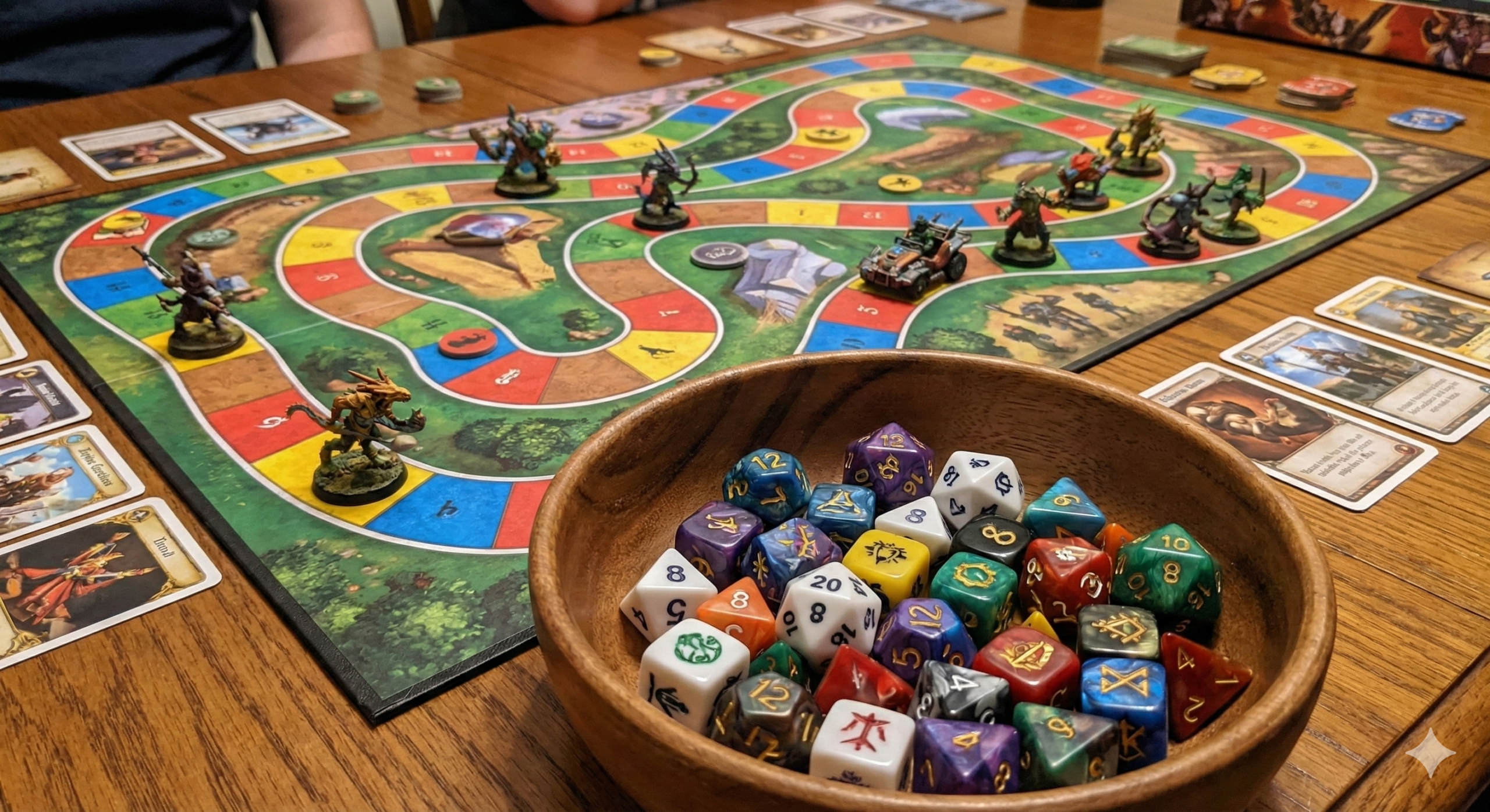 A colorful image showing the game's runners on a track, with a player's pool of uniquely faced dice in the foreground.